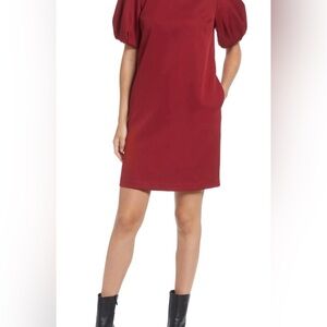 Sam Edelman Burgundy V Neck Puff Sleeve Shift Dress